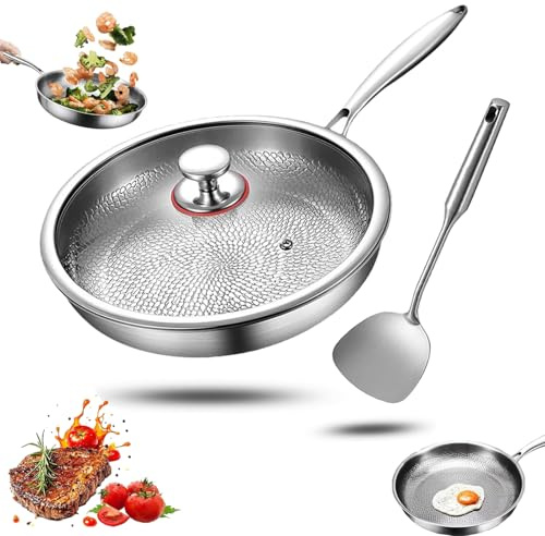 Generisch titan pfanne mit Spatel, Antihaft Gehämmerter Wok Titanpfanne-Nutrition zum Kochen, Premium Uncoated Titanium Bratpfanne, Verdickt, ultra-haltbar, Für die Küche Kochen (Mit Deckel, 26cm)