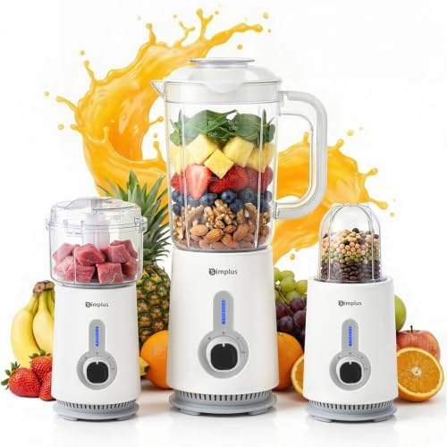 SIMPLUS Blender Mixeur 3 en 1, Lames 304, 3 Vitesses, Sécurité, Blanc | Robot Culinaire avec Hachoir 500ml, Moulin à Café 300ml, Bol 1.25L