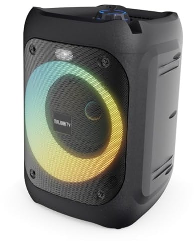 Majority P100 Bluetooth Party Speaker, 50W, Portable, LED Party Lights, Black, Karaoke Microphone Included, Indoor/Outdoor Use, Battery Powered, Single Unit, 3.5mm RCA, USB/SD Card