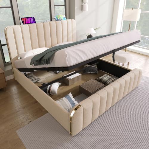 dowowdo Bett 140x200 cm Beige | Polsterbett Gold-Akzent & USB-C | Doppelbett Verstellbarer Kopfteil & Hydraulik | Lagerbett Stauraum für kleine Räume, Leinen-Optik (ohne Matratze)