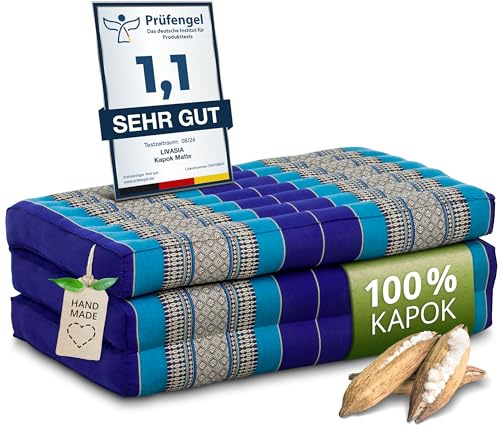 livasia Nachhaltige Matratze aus Kapok - 140x70x8cm - Klappmatratze, Camping Matte faltbar, ökologische Yogamatte klappbar, Liege für Garten und Balkon (Blau)