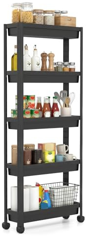 COSTWAY 3/4/5 Tier Slim Storage Trolley, Narrow Rolling Utility Cart on Wheels, Slide Out Storage Shelving Organizer for Kitchen Bathroom Laundry Office, 18.5cm Wide (Black, 5 Tier)