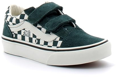 Vans Old Skool V CYAFRJ1 GEO Check Mystic moosgrüne Karierte Kinder-Sneaker mit Rissen 27