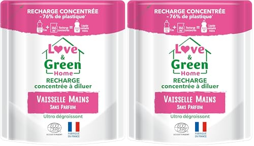 Love & Green Home Recharge concentrée à diluer de liquide vaisselle sans parfum. Certifiée Ecodétergent par Ecocert - Fabriquée en France - 166ml : 500ml de liquide vaisselle (Lot de 2)