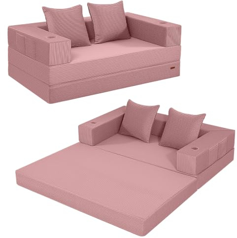 MeMoreCool Canapé-lit convertible en velours côtelé sans os pour petits espaces, lit d'appoint dépliable en mousse haute densité avec housse amovible et lavable, sans assemblage, rose