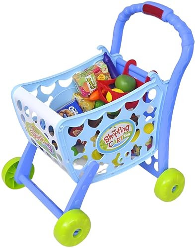 3 in 1 Kids Supermarket Shopping Trolley - Childrens RolePlay Set with Food & Money Accessories - Light Up Handle & Realistic Sounds Interactive Toy