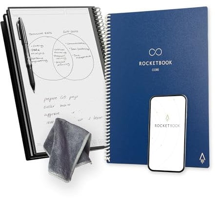 Rocketbook Core Wiederverwendbares Digitales Notizbuch - Executive A4 Blau - Elektronischer Notizblock mit Punktraster - Wiederbeschreibbar mit inkl. Pilot Frixion Stift und Mikrofasertuch