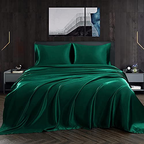 Homiest 4-teiliges Satin-Bettwäsche-Set, luxuriöses seidiges Satin-Bettwäsche-Set mit tiefen Taschen, 1 Spannbetttuch + 1 Bettlaken + 2 Kissenbezüge (volle Größe, Schwarzgrün)