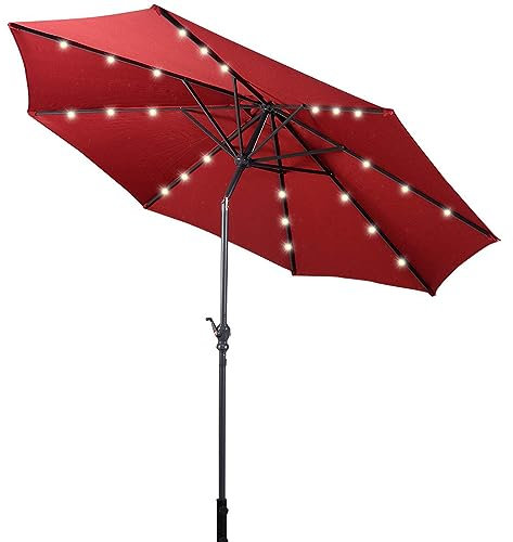 DREAMADE LED Gartenschirm mit LED, Sonnenschirm mit Solar-Beleuchtung, Ø 300 cm Sonnenschirm faltbar/Ampelschirm/Terrassenschirm/Kurbelschirm/Strandschirm Solar LED, Farbwahl (Rot)