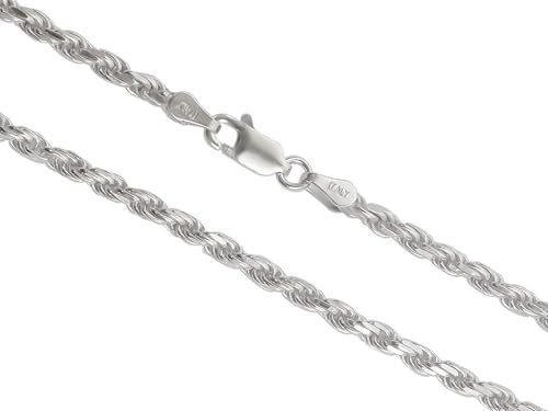 Aka Gioielli® - 925 Sterling Silver Rhodium Plated Men and Women Necklace - 3 mm Diamond Cut Rope Chain - 22 inch long