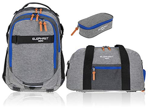 Elephant 3 Teile Set Schulrucksack Hero Signature Rucksack + Sporttasche + Mäppchen 12609 (Two Tone Grey-Blue (grau-blau))