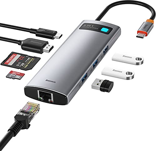 Baseus - Estación de Acoplamiento USB C 8 en 1, Adaptador USB C con HDMI 4K, 3 USB 3.0, Lector TF/SD, Ethernet, 100W Power Delivery Compatible con MacBook, Surface, iPad, Steam Deck u Otros