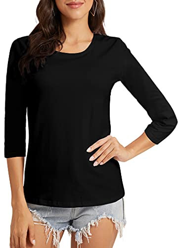 VIIOO Women's Basic 3/4 Sleeve Crew Neck T-Shirt Casual Solid Slim Cotton Top - black - Small