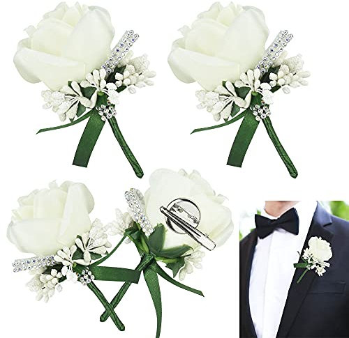 JUNMEIDO 4 PCS Boutonnière Mariage Homme en Fleur de Soie de Simulation 12 * 7cm Boutonnière Mariée Durable Broche à Fleur de Revers avec Epingles et Clips pour Mariage Célébration Réunion Annuelle