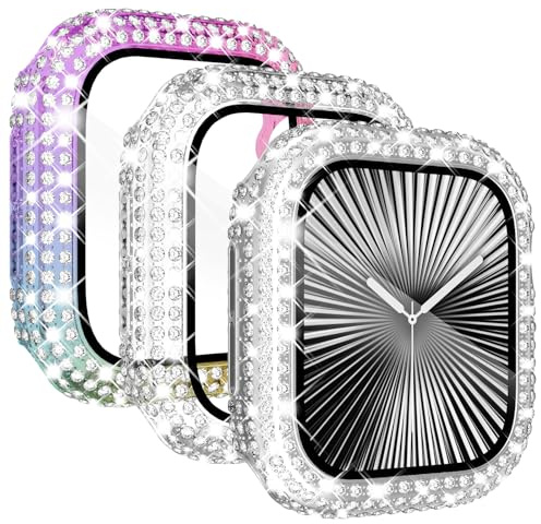 KADES 3Pack watch case Compatible with Apple Watch Screen Protector 40mm,Women Crystal Diamond Tempered Glass Protective Case for iWatch SE 3 2 1/Series 6 5 4, Silver/Iridescent/Clear