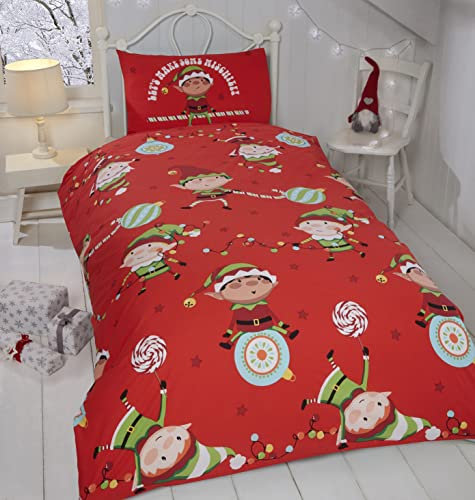 Rapport Home Naughty Elves Einzelbettbezug Kinder Weihnachten Bettwäsche Set Festlich Baumwolle Rot 2 Stück