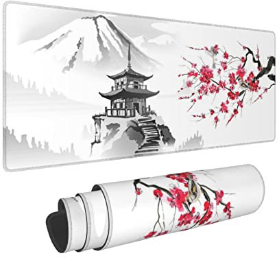 Japanische Kirschblüten-Pavillonhalterung, Fuji-Gaming-Tastatur, Mauspad, Zubehör, riesige, verlängerte XL-genähte Kante, Gummisohle für Zuhause Office (80 x 30 cm)