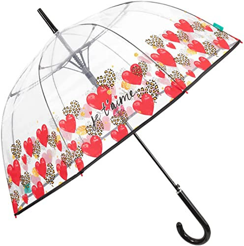 PERLETTI Ombrello Trasparente Con Banda Colorata per Donna - Cupola Automatica, Resistente in Fibra di Vetro - Diametro 89 cm Bordo Cuori
