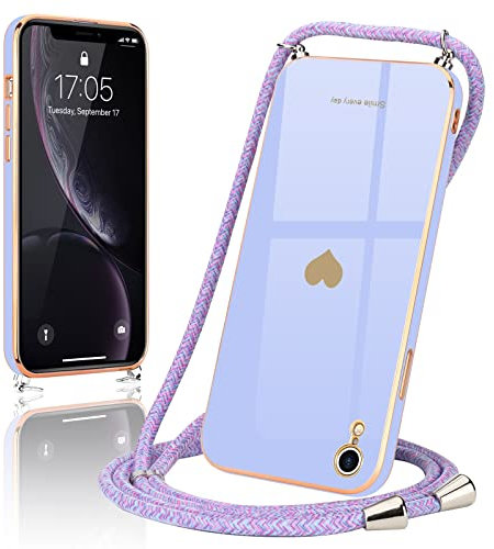 Wirvyuer Handyband Kompatibel mit iPhone Xr Handyhülle Necklace Hülle mit Band zum Umhängen Kameraschutz Liebesherz Schutzhülle mit Halsband Galvanik Silikon Umhängetasche für iPhone Xr Lila