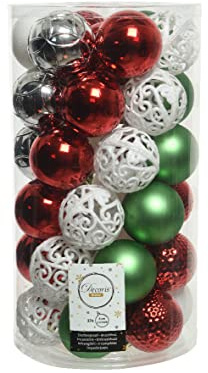 Kaemingk Weihnachtskugeln Kunststoff 6cm x 37 Stück Ornamente Mix Christbaumkugeln Set - Rot/Weiß/Mint/Silber