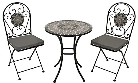 DEGAMO Bistroset Siena 3-teilig, 2X Klappstuhl und 1x Tisch 60cm rund, Eisen schwarz mit Mosaik Dekor grau/Weiss, mit Polstern grau