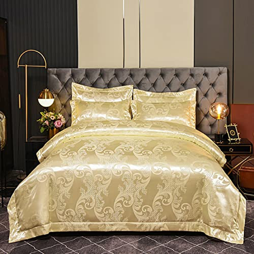 DXHOME Bettwäsche 200x220 3 teilig Satin Golden Gold Champagner Luxus Bettwäsche Romantisch Seiden Jacquard Blumenmuster Weich Bettwäsche Doppelbett mit Reißverschluss und 2 Kissenbezügen 80x80 cm