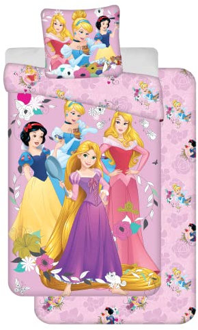 Disney Prinzessinnen Bettwäsche-Set, Bettbezug 140 x 200 cm + Kissenbezug + Spannbettlaken 90 x 200 cm 100% Baumwolle