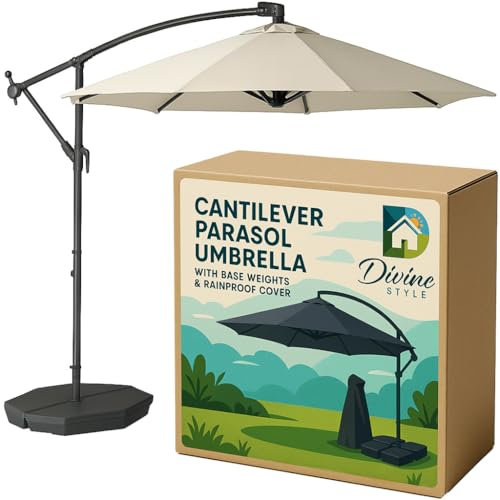 Divine Style 3M Cantilever Parasol with Base Weights Included and Free Waterproof Cover. The Perfect Garden Umbrella Parasol with Superb Stability, Versatility and Sun Shades for Garden