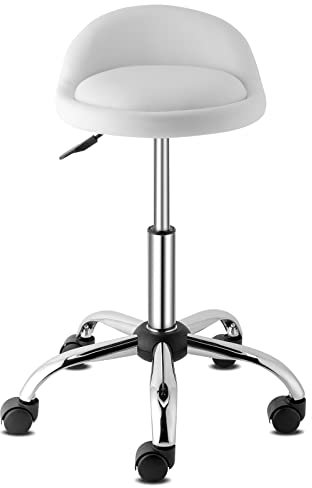 TactFire Drehstuhl Bürohocker mit Rollen und Lehne, höhenverstellbarer Arbeitshocker Drehhocker Praxishocker Weiß