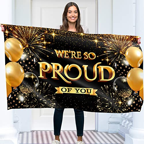 Banner mit Aufschrift Congratulations, 152 x 91 cm, Aufschrift We are so Proud of You, Well Done - You Did It, Schwarz und Gold
