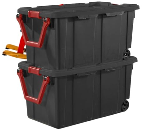Set of 2 Black 40 Gallon Industrial Tote Plastic Bins with Wheels - Convenient Storage Solution