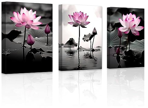 LZIMU Zen Lotusblumen Bild auf Leinwand 3 Teilig Schwarz Weiß Rosa Seerosen Leinwandbild für Badezimmer Yoga Studio Meditation Spa Raum Gerahmt (1, 40.00x60.00cms x3)