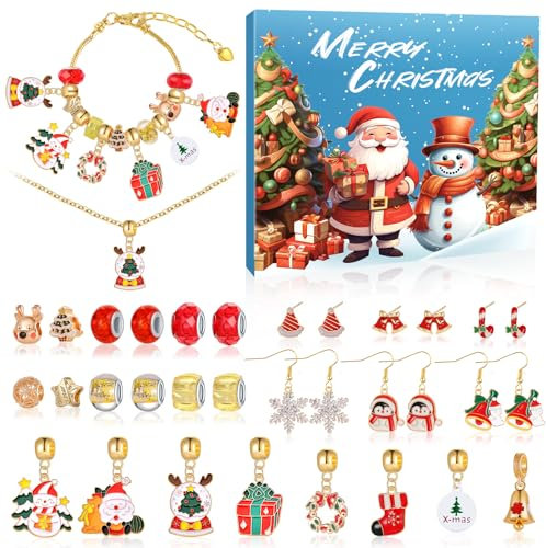 Kalolary Weihnachtsab Adventskalender Mädchen Armbänder machen Kit, 24 Tage Weihnachten Countdown Kalender DIY Charm Brazeletts Kits für Frauen Mädchen (Golden)