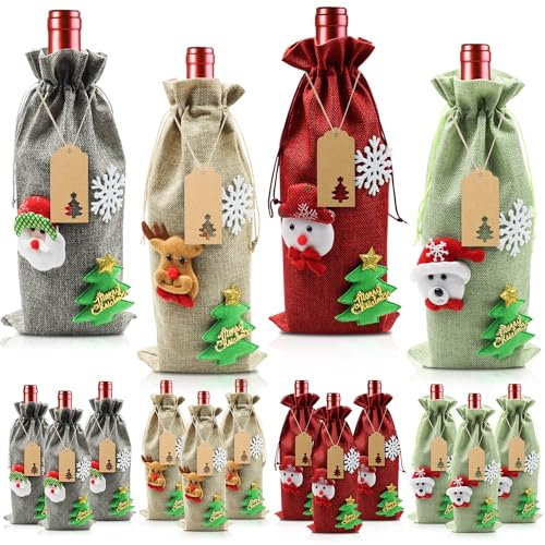 PTECDROTS Sacchetti di vino di Natale Sacchetti regalo riutilizzabili per bottiglie di vino Babbo Natale Simpatico pupazzo Coperture per bottiglie di liquore Sacchetti protettivi per vino 3D, 12 pezzi