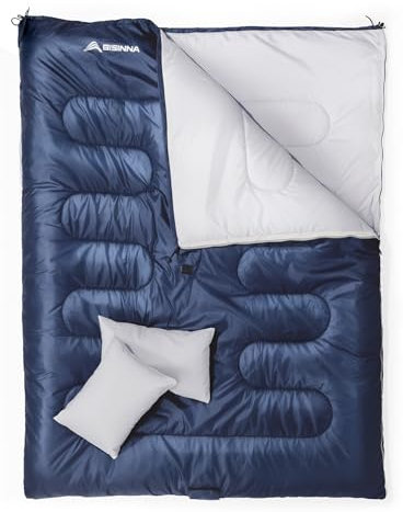 BISINNA Doppelschlafsack Deckenschlafsack Winterschlafsack Erwachsene für 2 Personen Winter mit 2 Kissen und Tragetasche, Angenehme Temperatur für Outdoor Camping 195 * 155cm (Marineblau)