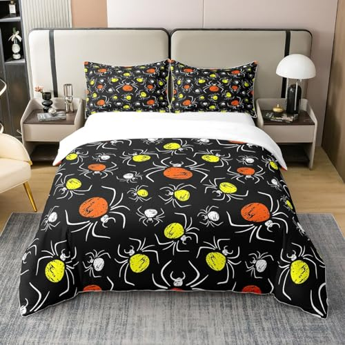 100% Baumwolle Spinne 135x200 Bettwäsche Set,Gothic Spinnen Bettbezug für Jungen Mädchen,Gelb orange Leuchtende Spinne Tröster Abdeckung,Halloween Horror Thema Bettbezug,Cartoon Spinne Bettbezug