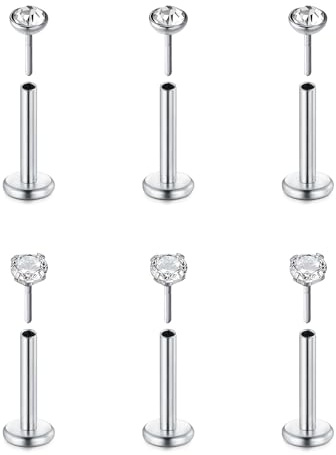 FECTAS 6pcs Threadless Push-In Knorpel Tragus Helix Piercing Schmuck Flat Back Stud Ohrringe Edelstahl 16G 6mm 8mm 10mm Lip Bars Labret Stud Lip Ohr Medusa Piercing 2mm 3mm 4mm CZ