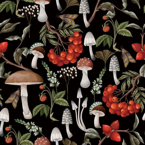 VaryPaper Peel and Stick Tropical Mushroom Wallpaper 44.5cmx200cm Leaf Contact Paper Flower Prints Sticky Back Plastic Black Botanical Wallpaper for Living Room Bedroom Sticky Vinyl Wrap for Furniture