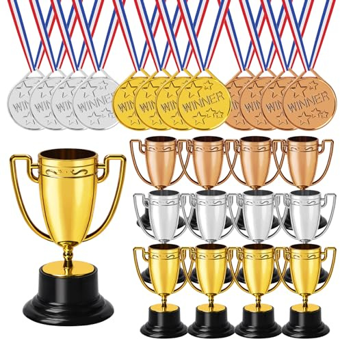 Swpeet - 12 trofei in oro, argento e bronzo da 4,6 x 8,1 cm e 12 medaglie premio da 3,8 x 39,9 cm con nastro per collo, ideali per cerimonie di premiazione per squadre, giochi di campionato e