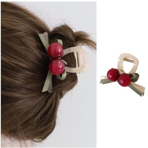 Dervivea Haarklammer mit roten Kirschen, mittelgroß, Acryl, niedliche Obst-Haarklammer, Acryl, Kirsche, rutschfeste Haarspange, dekorativer Haarschmuck für Damen und Mädchen, Kopfschmuck