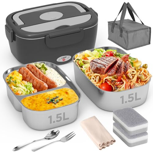 Geveniss Lonchera eléctrica para alimentos, 80 W, de calentamiento rápido (12 V/24 V/110 V), contenedores dobles de 1.5 L SS, calentador de alimentos portátil para coche, camión, oficina, viajes,