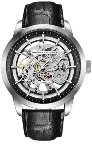 Pagani Design Klassisch Fashion Herren Skelett Automatik Mechanische Uhr Leder Armband Edelstahl Automatik Wasserdicht Business Analog Sport Armbanduhr, Schwarz Silber, Armband