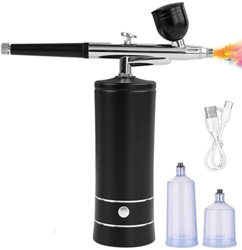 Hiseeyo Airbrush, Upgraded Airbrush Kit with Compressor&rRechargeable Portable Cordless Air Brush Nail Machine, Airbrush Gun Set for Nail Art, Cake Decor, Makeup, Barber, Model Painting (Black)