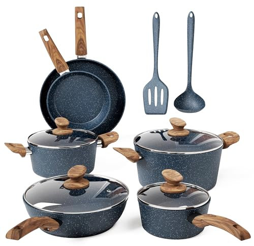 Kitchen Academy 12 Pieces Nonstick Pots and Pans Set, Induction Cooking Pan Set, Non Stick Saucepan Set, Frying Pan Set (Blue)