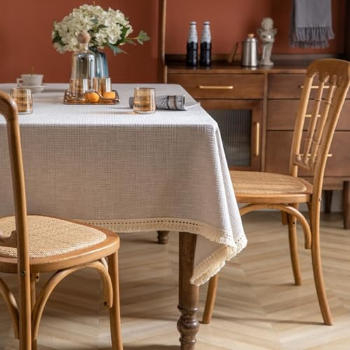 Homxi Tischdecke Abwaschbar Rechteckig 120 W x 160 L cm,Tischdecken Beige Einfarbig mit Quaste Polyester Tischwäsche