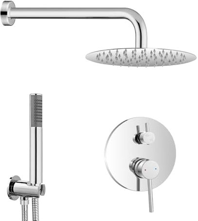 Set doccia da incasso in acciaio inox cromato con soffione 20 cm e kit doccia con doccino, supporto e flessibile, NUEGO