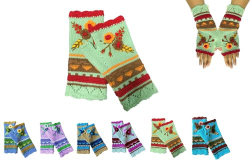 Handgestickte Armstulpen Damen Winter Fingerlose Handschuhe Blumen Stickerei Stulpen Damen Hände Handstulpen Pulswärmer Handschuhe Strick Winterhandschuhe Gestrickte Fingerlose Fäustlinge (01)