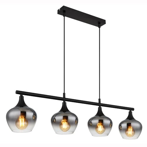 Esszimmerlampe Hängeleuchte Pendelleuchte Deckenlampe Küchenlampe, Metall Glas schwarz rauchfarben, 4x LED 7W 630Lm warmweiß, H 120 cm