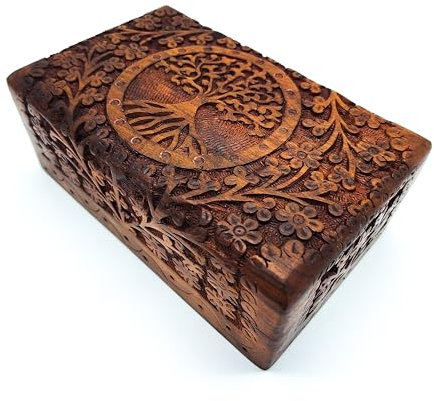 Handgefertigte Holz Box Schatulle Größe L mit Lebensbaum für Geschenk Schmuck Aufbewahrung | Familie Spiritualität Lifestyle Indien (Größe L 20x12,5x7,5 cm Gewicht ca. 700 g)