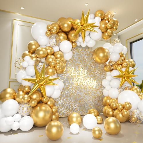 151Pcs White and Gold Balloons Garland Arch Kit with Explosion Star Foil Balloons for Wedding Engagements Birthday New Year Eve Bridal Shower Baby Shower Anniversary Graduation Decorations